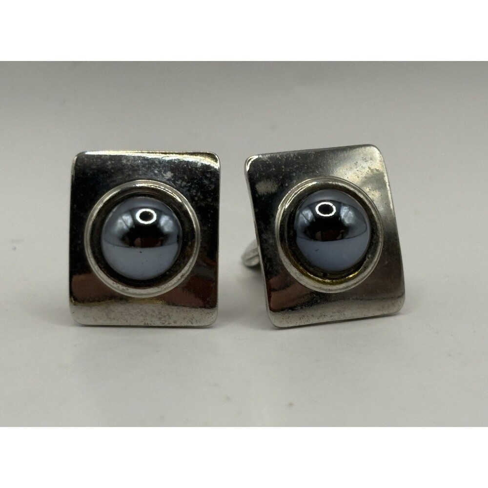 Vintage Silver Tone Cufflinks Hematite Gray Cabochon Square Mid Century Modern